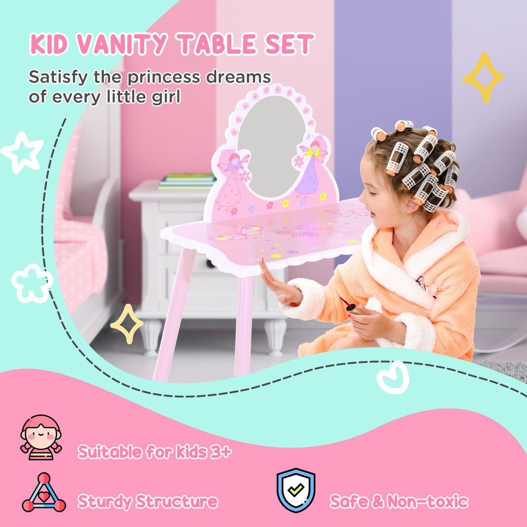 MCL Kids Dressing Table Girls Pink Wooden Kids Dressing Table & Stool Make Up Desk Chair Toys Fairy Dresser Play Set w/Mirror