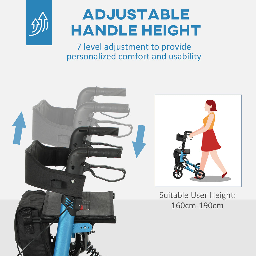 Folding Rollator Walker with Seat, Backrest, Lightweight Walking Frame with Storage Bag, Dual Brakes, Adjustable Handle Height, Suspension System, 4 Wheeled Walker for Seniors, Blue