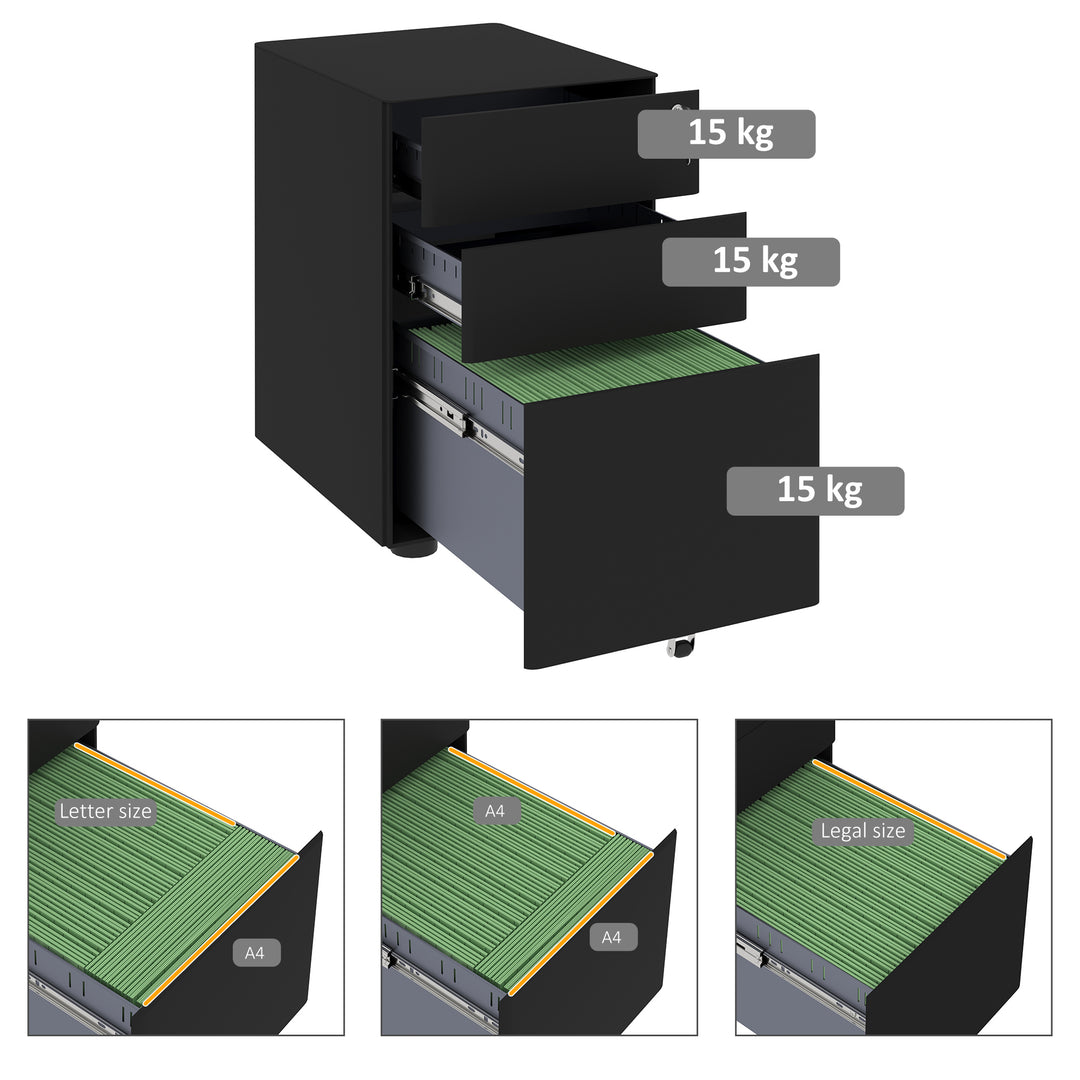 Lockable Cabinet, Rolling Filing Cabinet with 3 Drawers, Steel Office Drawer Unit for A4, Letter, Legal Sized Files