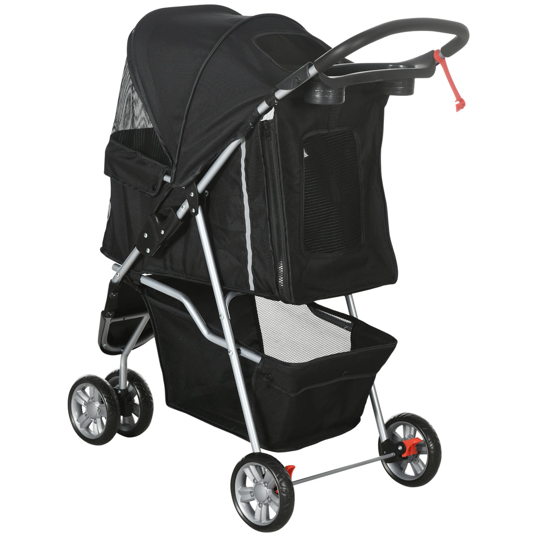 Dog Stroller, 3 Wheels Foldable Cat Dog Pram with Cup Holder, Storage Basket, Pet Stroller for Small Miniature Dogs, Black