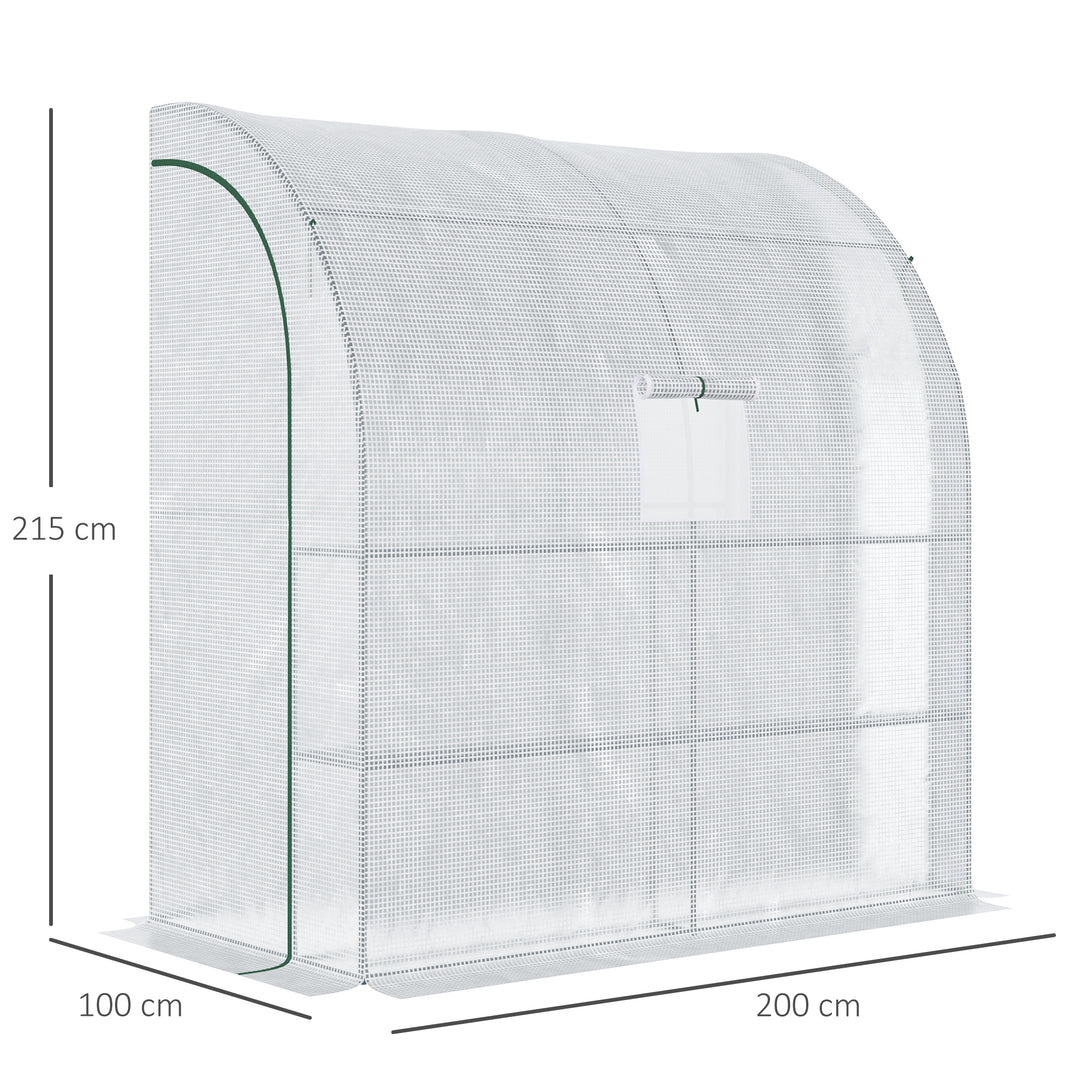 Walk-In Lean to Wall Greenhouse with Windows and Doors, Outdoor Green House with 3 Tiers 4 Wired Shelves, 200L x 100W x 215Hcm, White