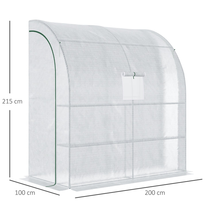 Walk-In Lean to Wall Greenhouse with Windows and Doors, Outdoor Green House with 3 Tiers 4 Wired Shelves, 200L x 100W x 215Hcm, White