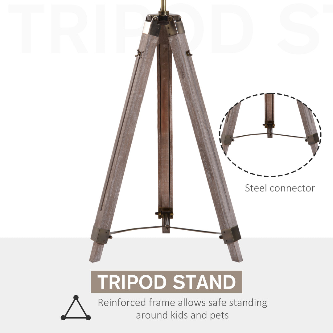 Industrial Tripod Floor Lamp, Nautical Searchlight with Adjustable Height, Wood Legs, E14 Lamp Base for Living Room, Bedroom, Grey and Bronze