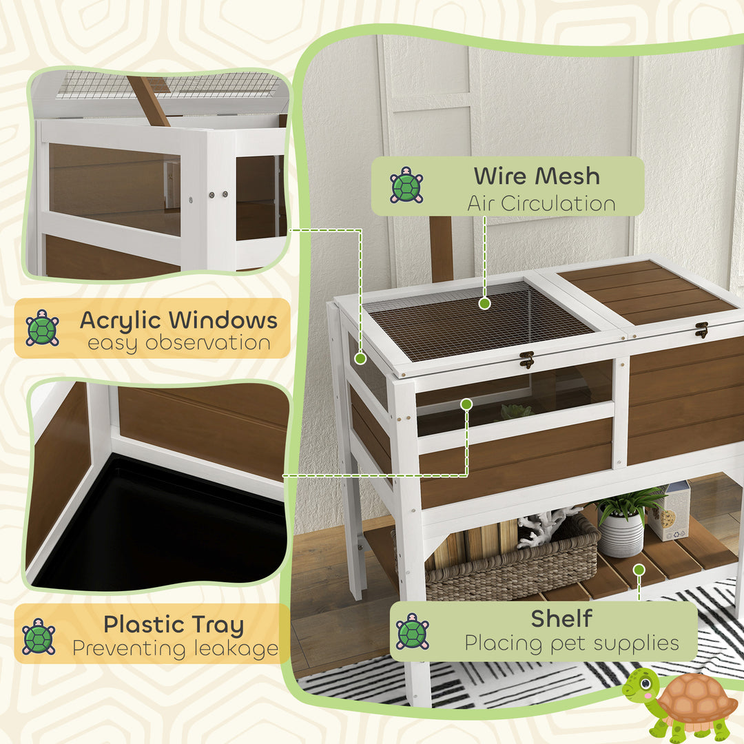 Wooden Tortoise House, with Shelter, Run, Shelf, Lamp Holder, Tray - Brown