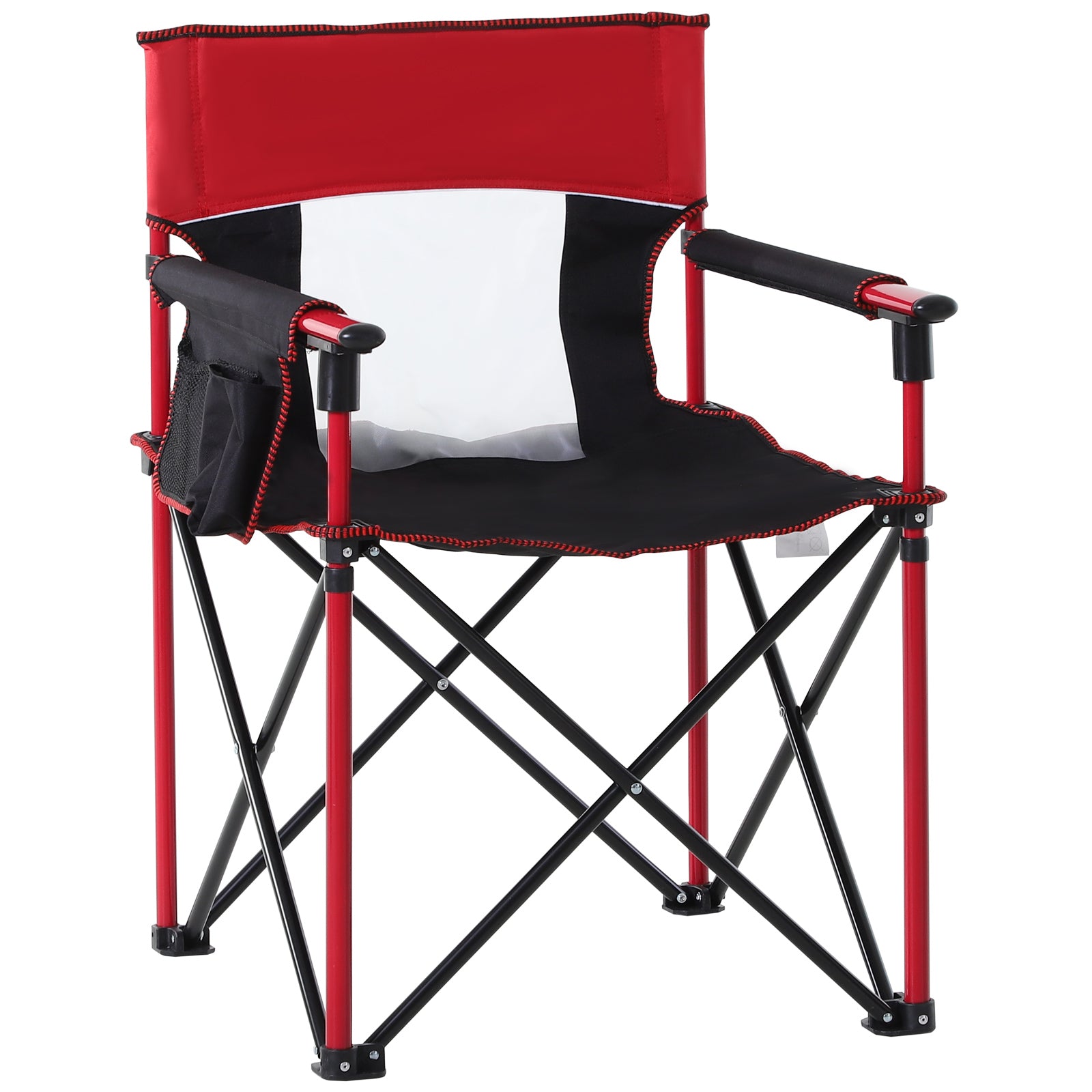 Folding Fishing Camping Chair Portable Picnic Armchair Director Seat Oxford Metal Frame with Cup Holder, Phone Pocket - Red