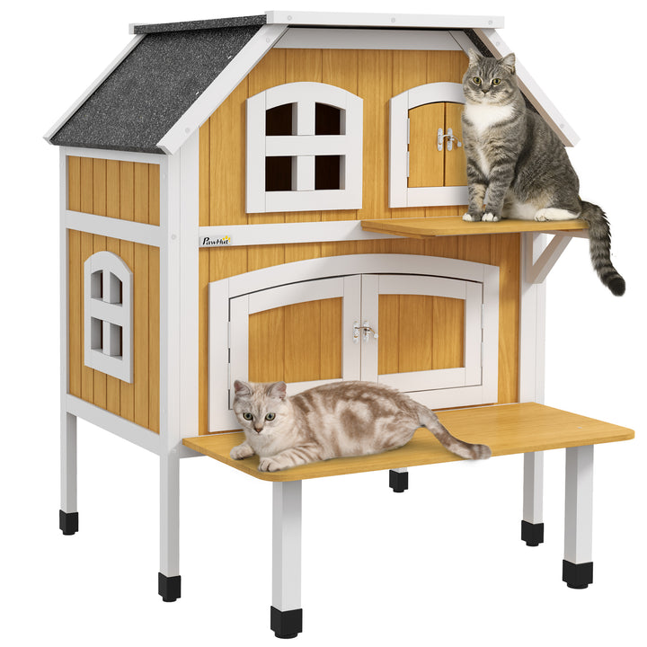 Outdoor Cat Shelter 2 Tiers Wooden Feral Cat House with Openable Asphalt Roof, Escape Doors, Terrace, for 1-2 Cats