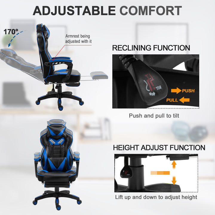 Faux Leather Reclining Gaming Chair, with Footrest - Blue/Black