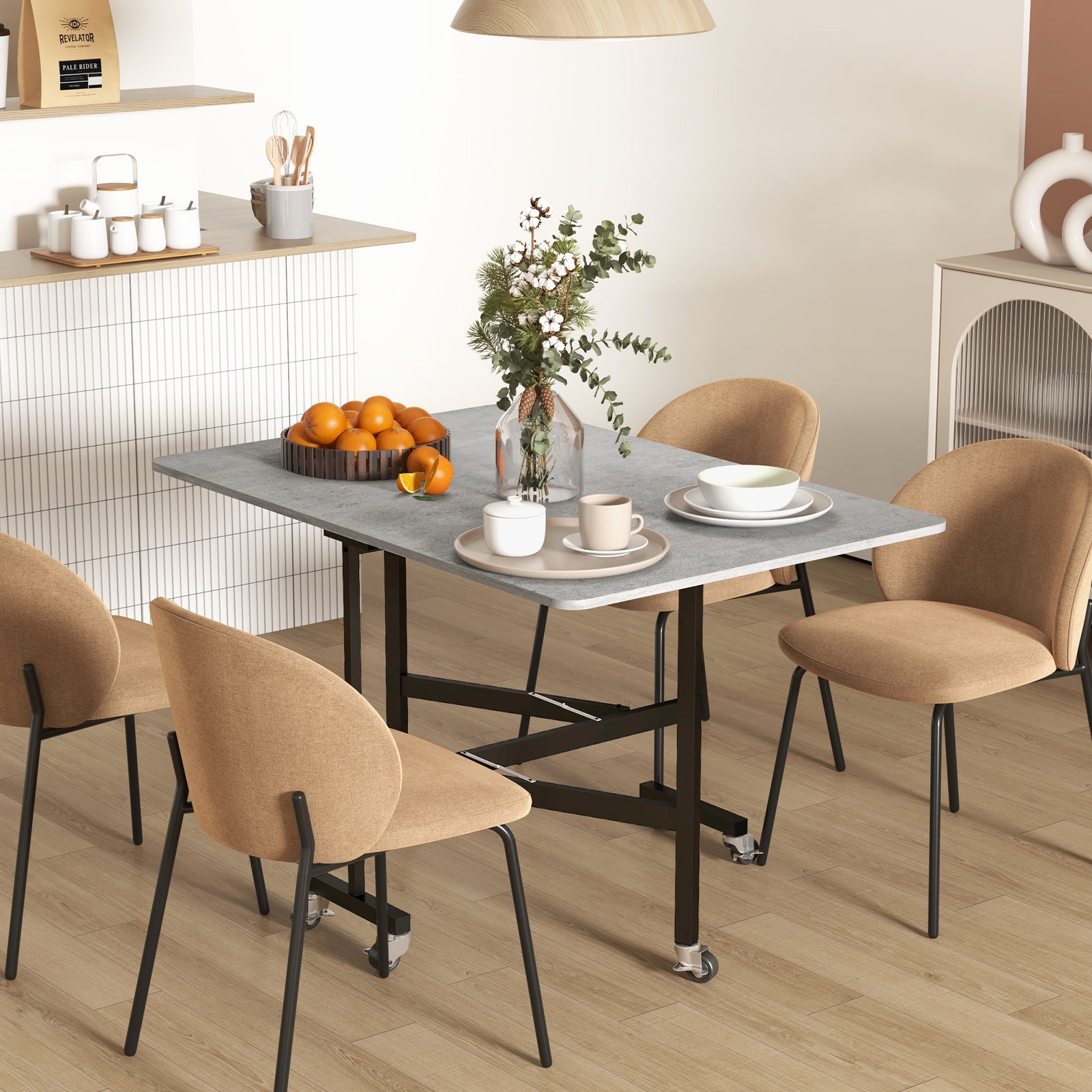 Mobile Drop Leaf Table, Folding Dining Table with 6 Wheels & Brakes, Kitchen Table for Small Spaces, Grey Marble Effect