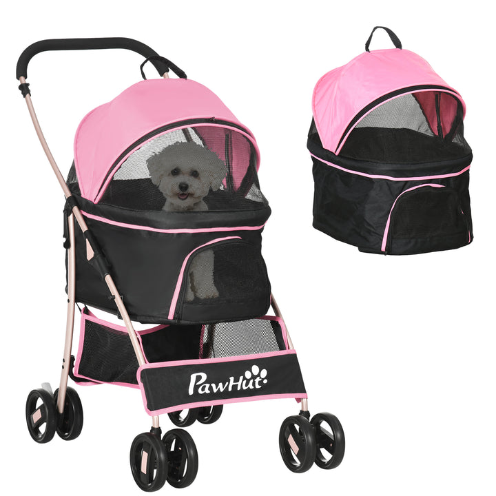 PawHut 3-In-1 Detachable Pet Stroller, Dog Cat Travel Carriage with Foldable Carrying Bag, Universal Wheel Brake, Canopy, Basket, Pink | Aosom UK