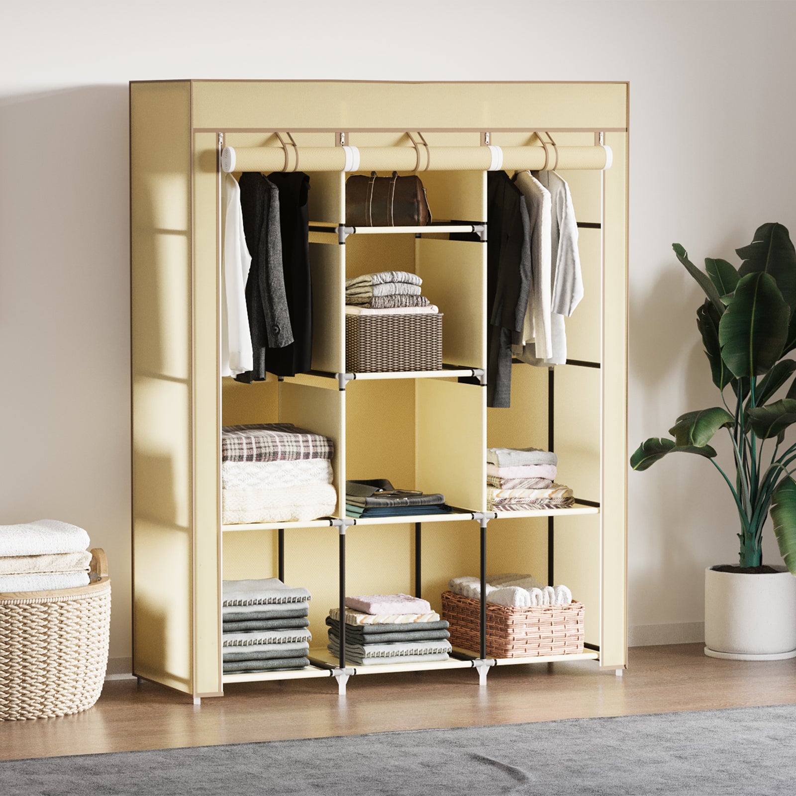 Fabric Wardrobe, with Rails and Shelves - Beige