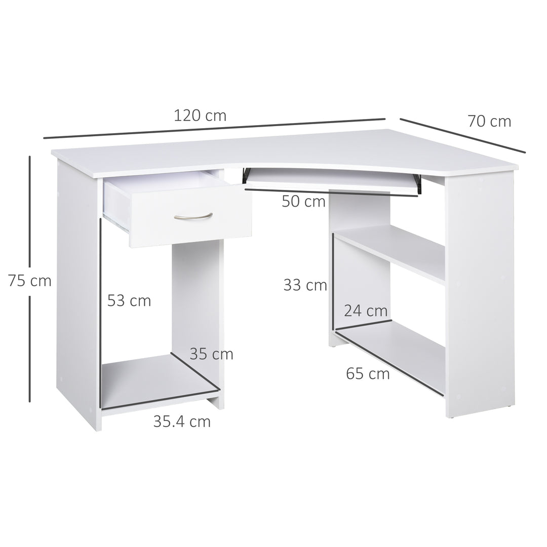 HOMCOM L-Shaped Desk: Shelves, Keyboard Tray, Drawer & CPU Stand for Home Office or Study, Pristine White | Aosom UK