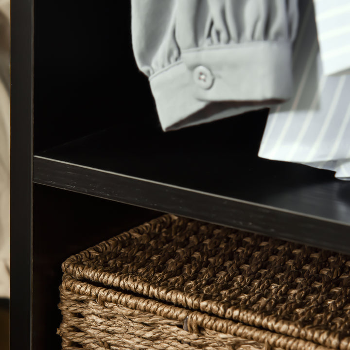 MCL Open Wardrobe on Wheels, Bedroom Wardrobe with Clothes Hanging Rail, 2 Storage Shelves, Mobile Garment Rack for Cloakroom, Hallway, Black