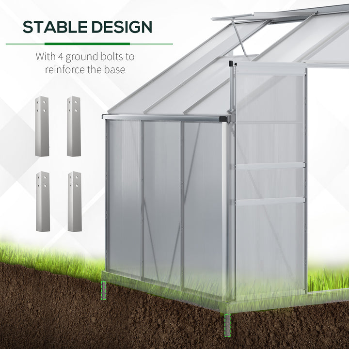 MCL 6 x 4ft Lean to Wall Polycarbonate Greenhouse Aluminium Walk-in Garden Greenhouse with Adjustable Roof Vent, Rain Gutter and Sliding Door, Clear