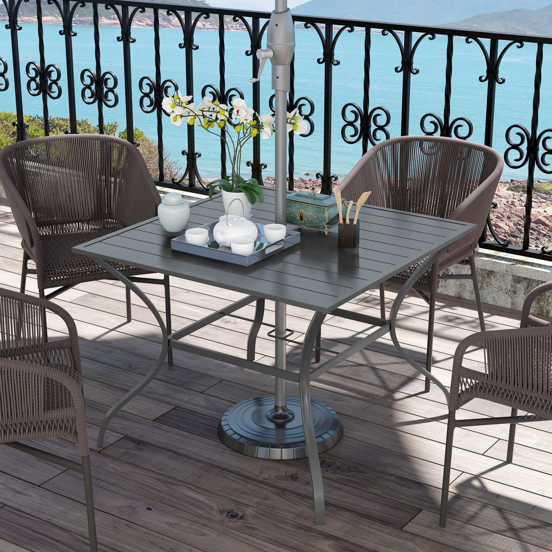 94 x 94 cm Garden Table with Parasol Hole, Outdoor Dining Garden Table for Four with Slatted Metal Plate Top, Dark Grey