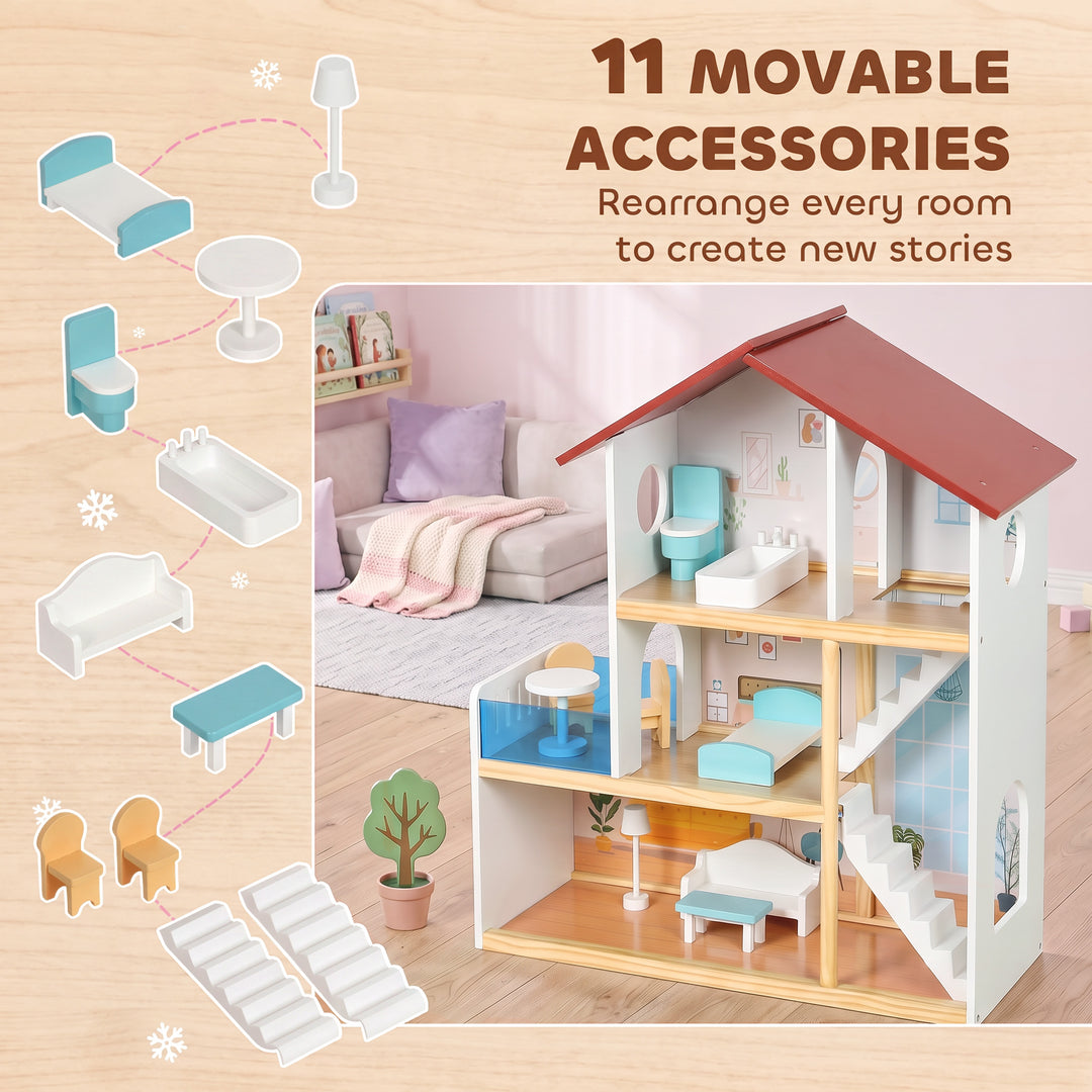 Kids Wooden Dolls House, 3-Story Dollhouse with 5 Rooms and 11 - view 5