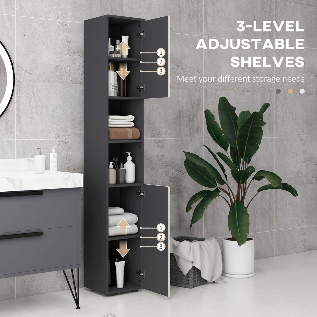 kleankin Tall Bathroom Cabinet: Narrow Storage with Open Shelves, 2 Door Cabinets, Adjustable Shelving, Grey | Aosom UK