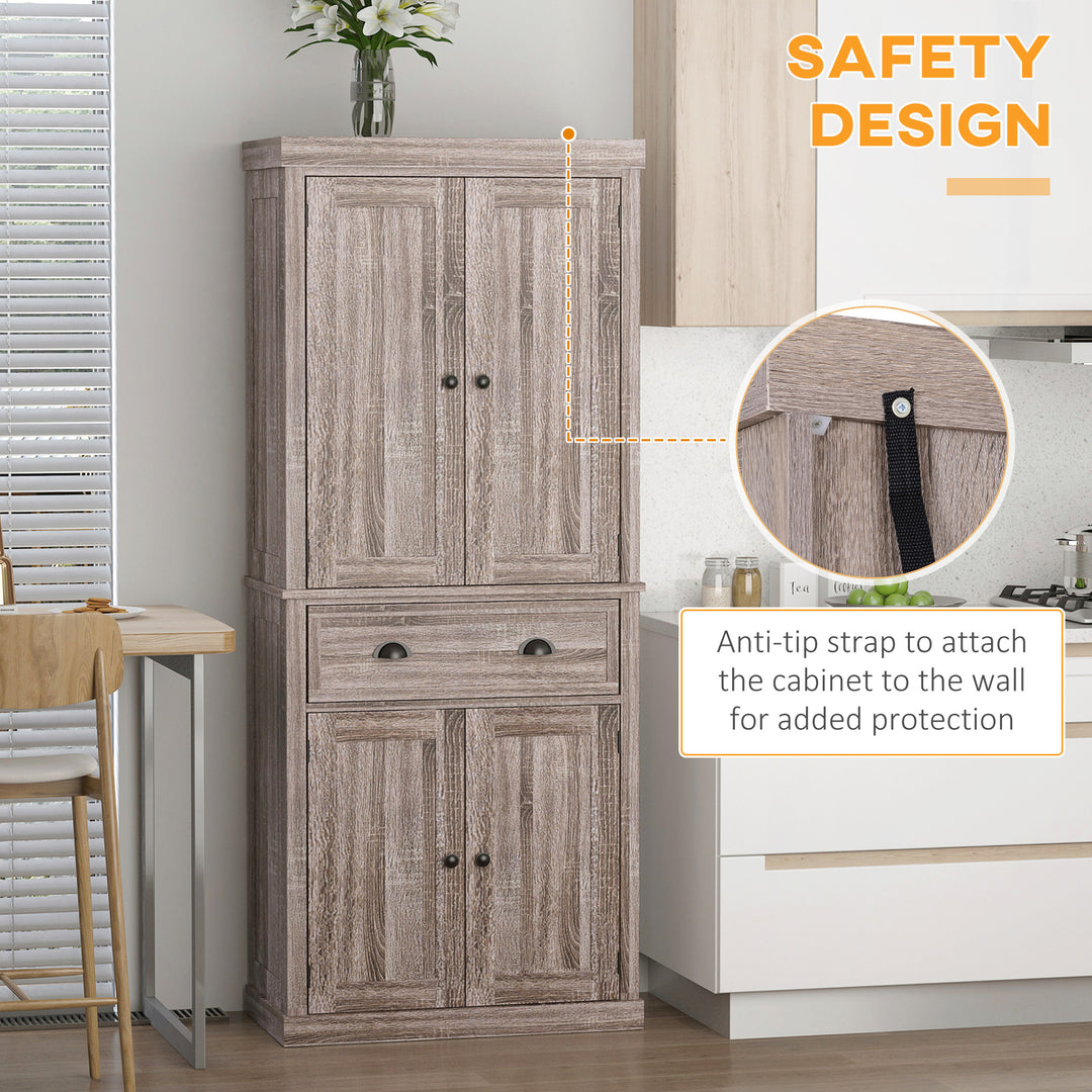 Freestanding Kitchen Cupboard, 184cm Tall Storage Cabinet with Doors and Shelves, Traditional Colonial 4-Door Kitchen Pantry Cupboard with Drawer, Dark Wood Grain
