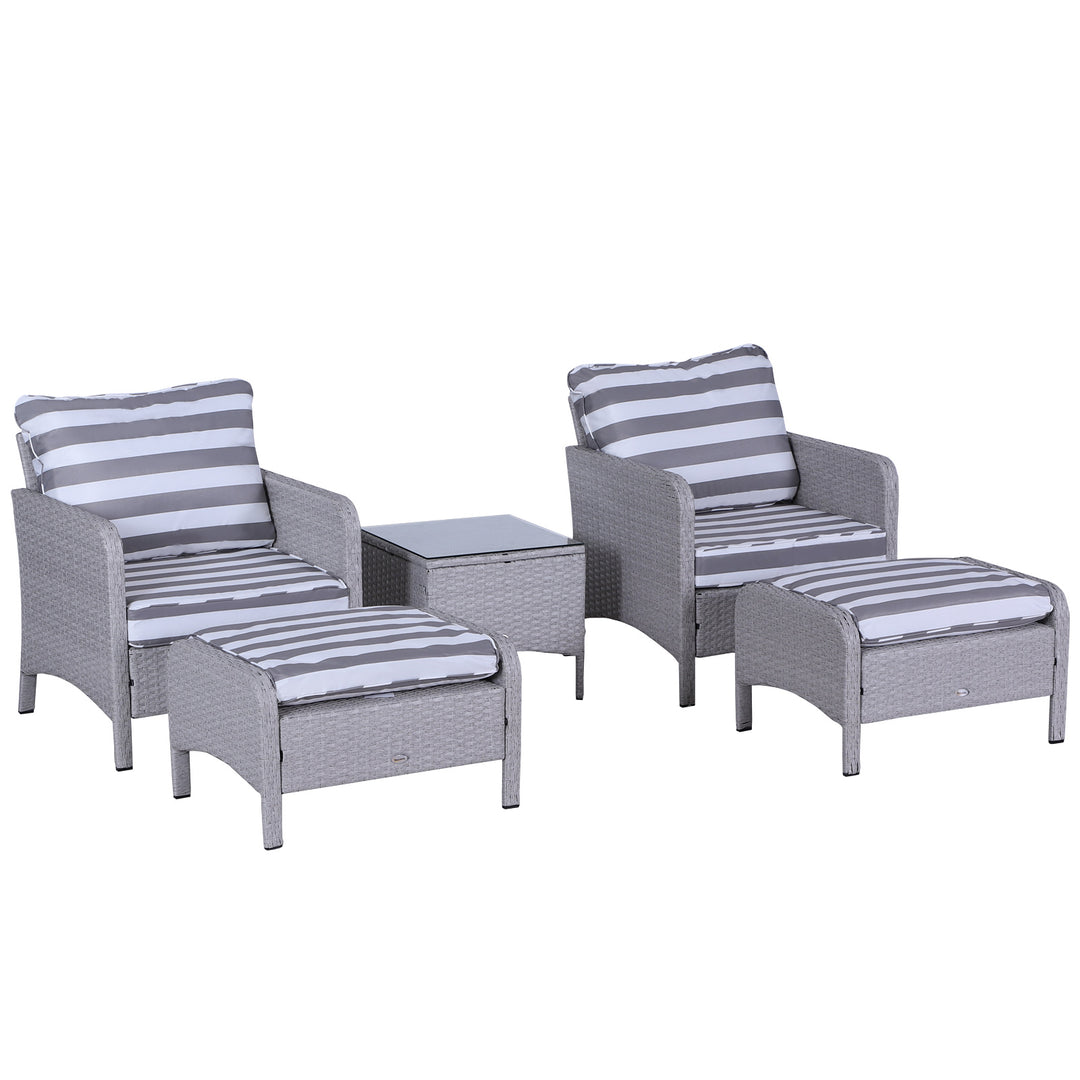 MCL 5 Pieces PE Rattan Garden Furniture Set with 10cm Thick Padded Cushions, Wicker Weave Outdoor Seating Chairs with 2 Armchairs, 2 Stools, Glass Top Table, Grey and White
