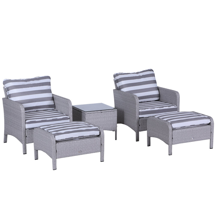 MCL 5 Pieces PE Rattan Garden Furniture Set with 10cm Thick Padded Cushions, Wicker Weave Outdoor Seating Chairs with 2 Armchairs, 2 Stools, Glass Top Table, Grey and White