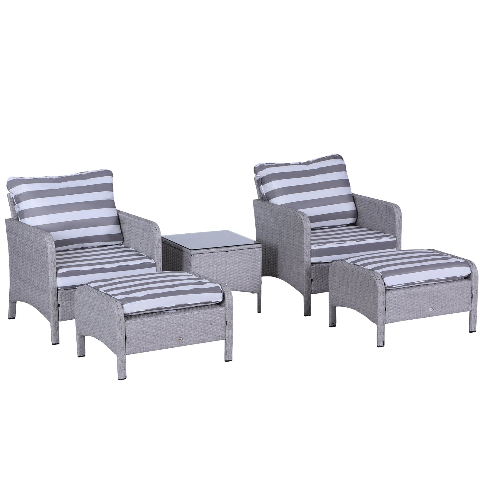 5 Pieces PE Rattan Garden Furniture Set with 10cm Thick Padded Cushions, Wicker Weave Outdoor Seating Chairs with 2 Armchairs, 2 Stools, Glass Top Table, Grey and White