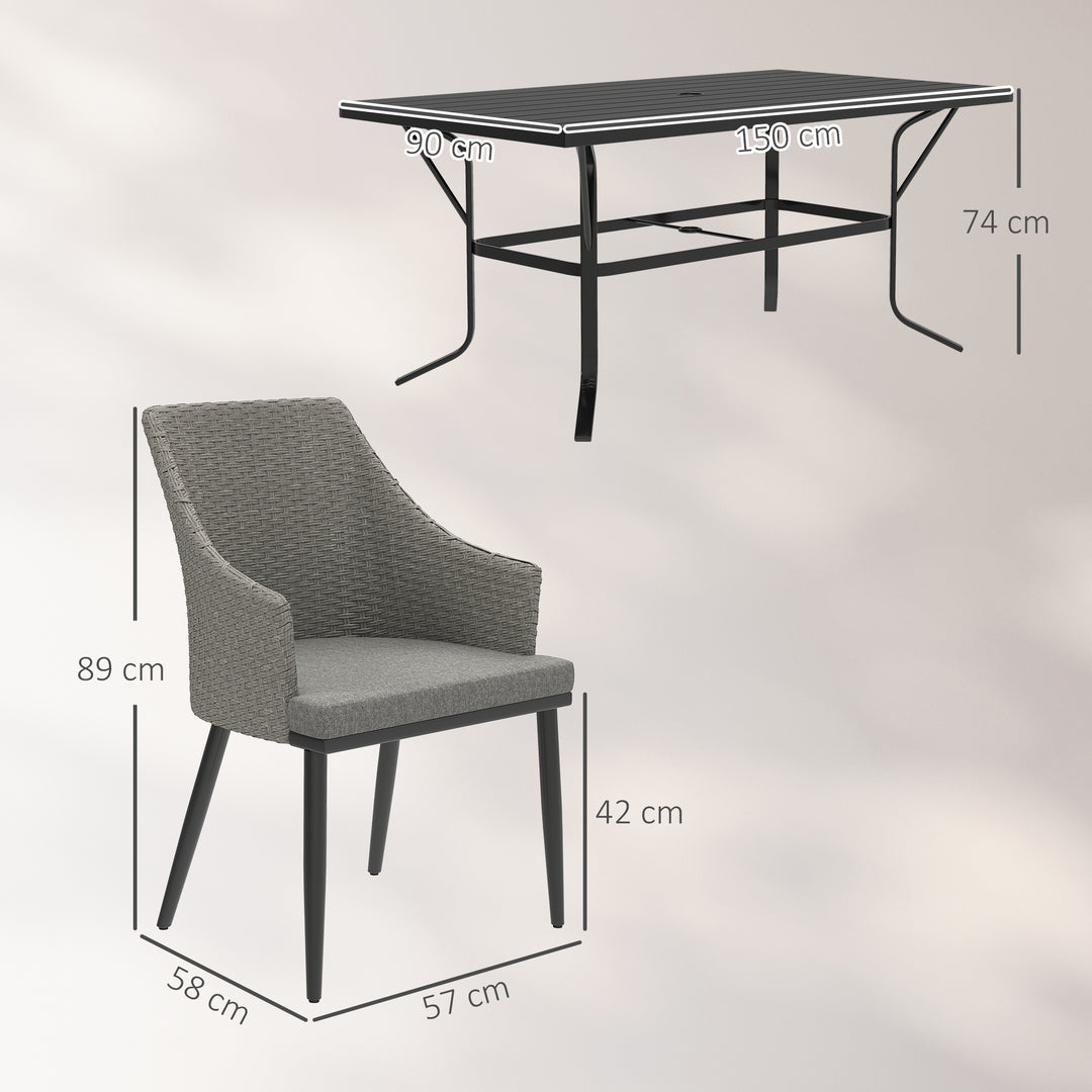 6 Seater Rattan Dining Set with Cushions, Garden Furniture Set with Armchairs, Rectangle Slatted Table Top, Steel Frame, Parasol Hole, Wicker Outdoor Furniture for Patio, Balcony, Grey