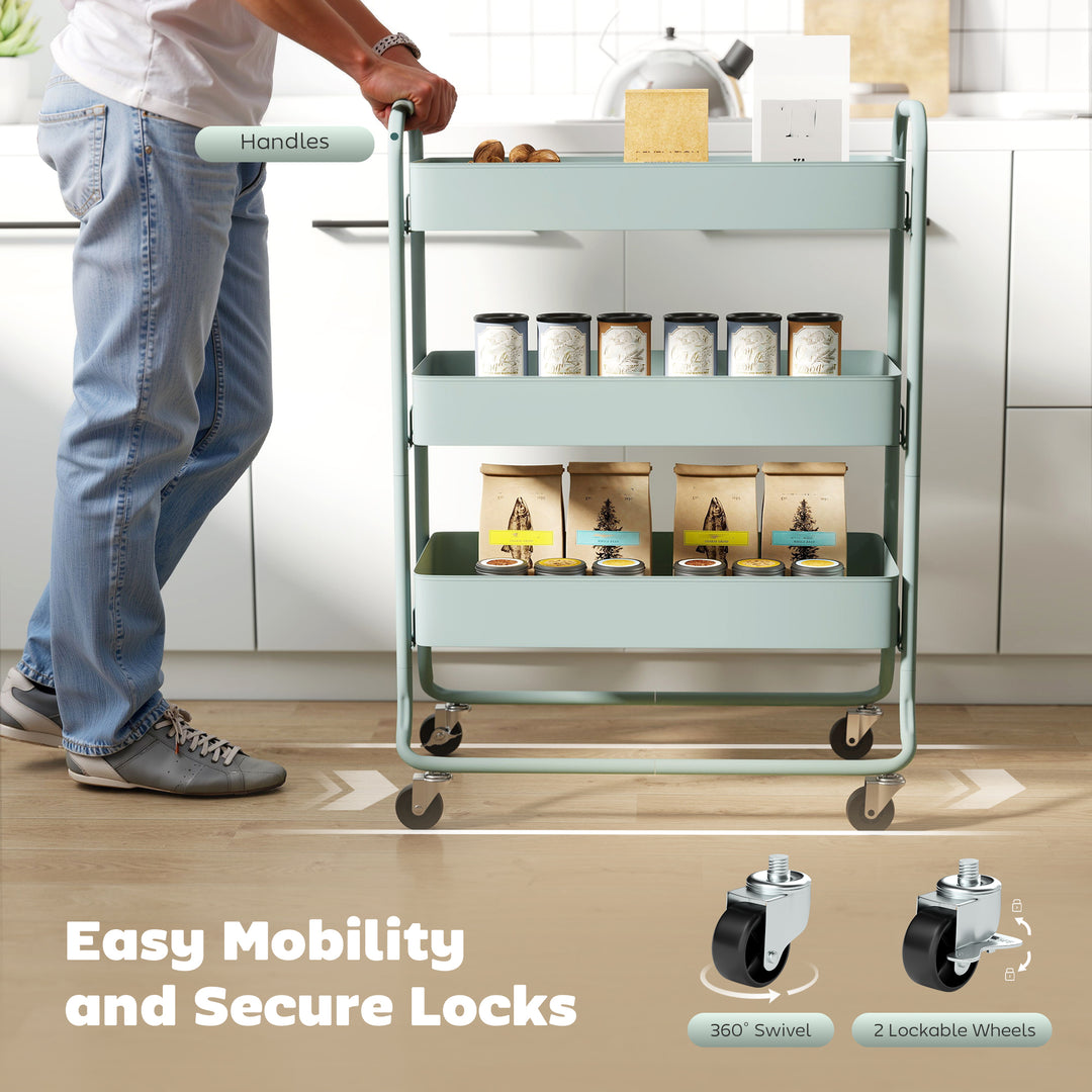 3-Tier Storage Trolley on Wheels, Rolling Utility Cart with Mesh Backets for Kitchen, Bathroom, Bedroom