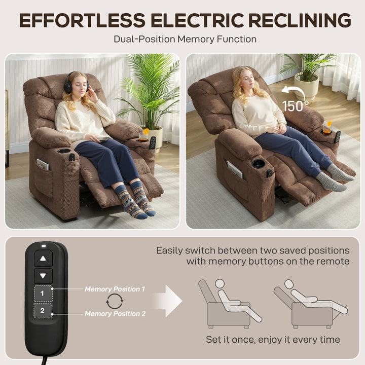 Electric Massage Recliner Armchair with Vibration, Heat, Whisper-Quiet Motor, Memory Function, Fleece Power Reclining Chair with Spring Pack, USB Port, Footrest, Side Pocket, Cup Holders
