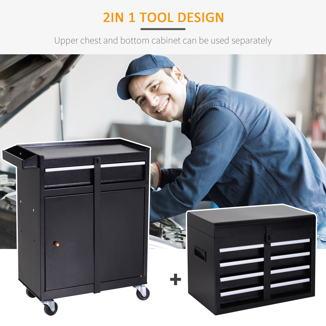 Tool Chest 2 in 1 Metal Tool Cabinet Storage Box with 5 Drawers Pegboard Wheels 60x28x104.5cm Black