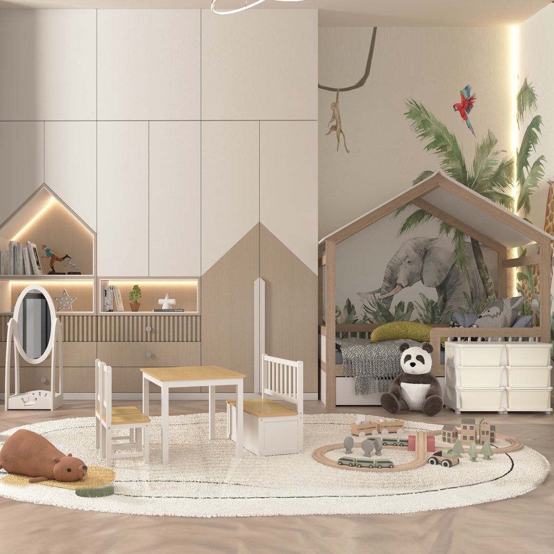4-Piece Kids Table and Chair Set with 2 Wooden Chairs, 1 Storage Bench, and Interesting Modern Design, Beige/White