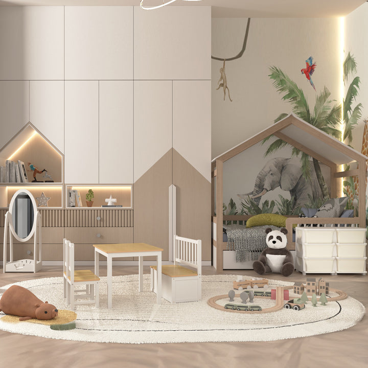 4-Piece Kids Table and Chair Set with 2 Wooden Chairs, 1 Storage Bench, and Interesting Modern Design, Beige/White