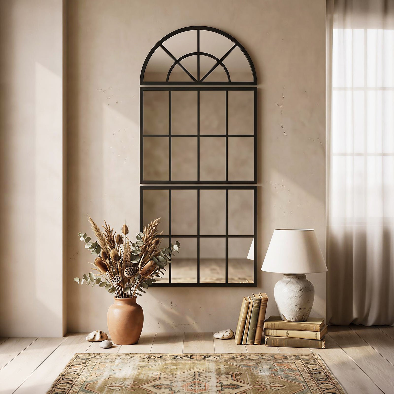 Large Arched Wall Mirror with Metal Grid, 3-Piece Split Window Mirrors