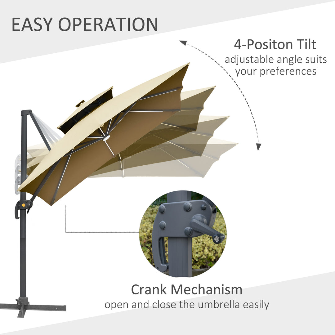 3m Cantilever Parasol, Outdoor Offset Patio Umbrella, Solar LED Lighted Hanging Sun Shade Canopy with Tilt and Crank Handle, Cross Base for Lawn, Khaki