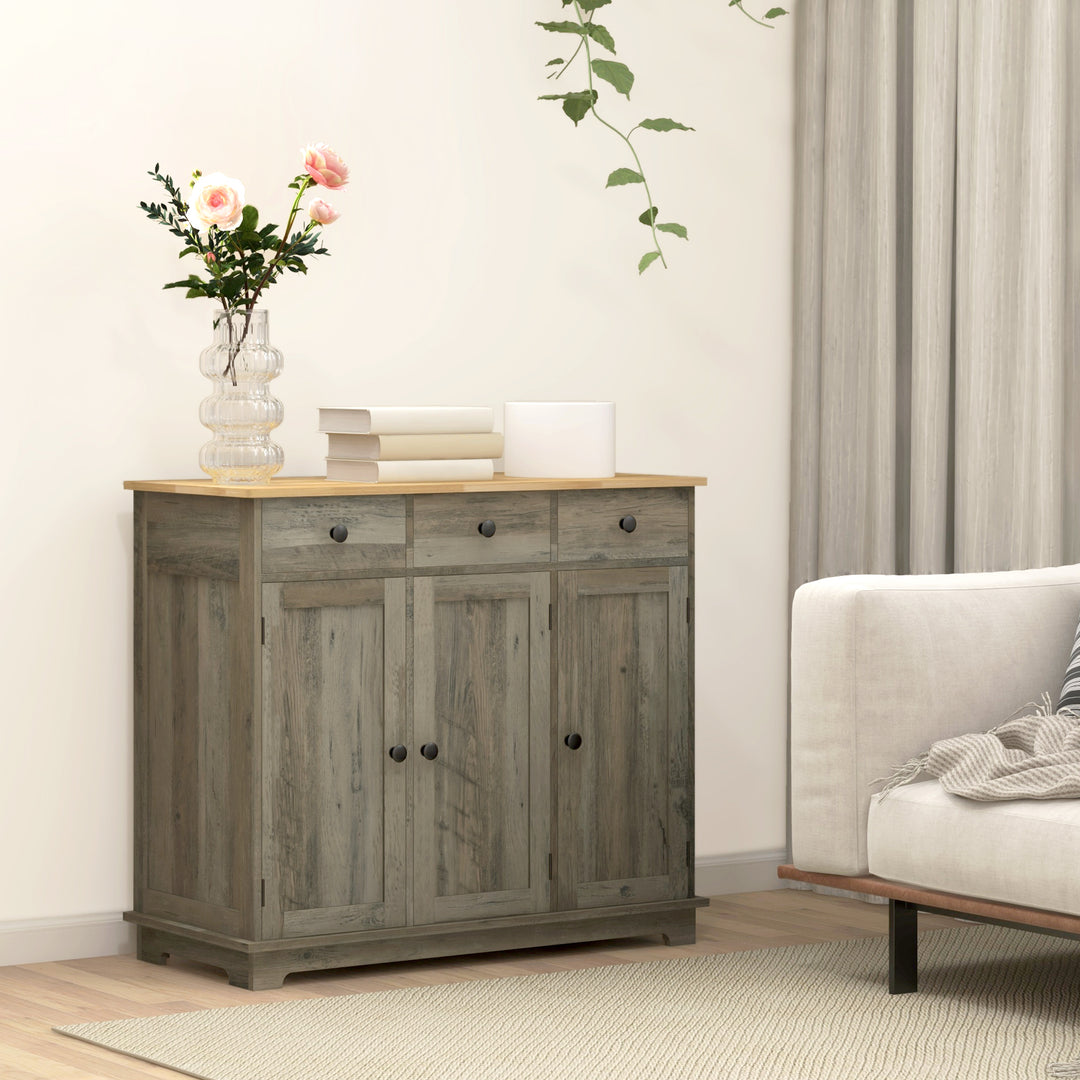 Sideboard with Rubber Wood Top, Modern Storage Cabinet, Kitchen Cupboard with 3 Doors, 3 Drawers and 3 Adjustable Shelves for Dining Room, Living Room, Grey Wood-Effect