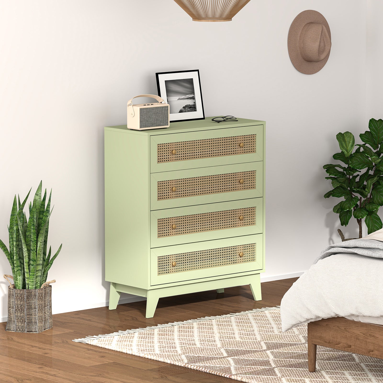 Chest of Drawers, 4-Drawer Storage Organiser Unit with Rattan Element for Bedroom, Living Room, Light Green