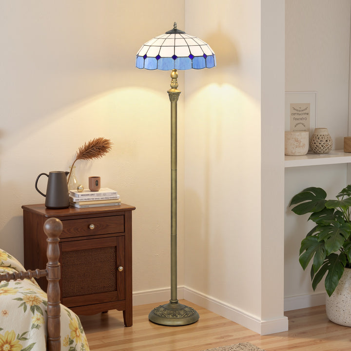 MCL Tiffany-Style Floor Lamp with Handcrafted Stained Glass Shade, 152cm Tall Vintage Standing Lamp with Foot Switch and Dual Sockets for Living Room Bedroom, Bronze Tone and Blue