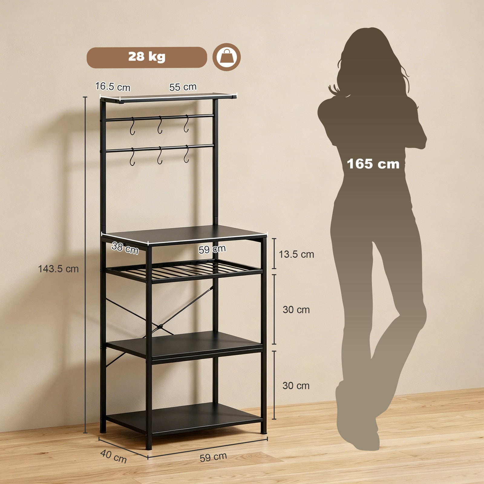 Freestanding Shelving Unit, Industrial Storage Shelf with 6 Hooks and 