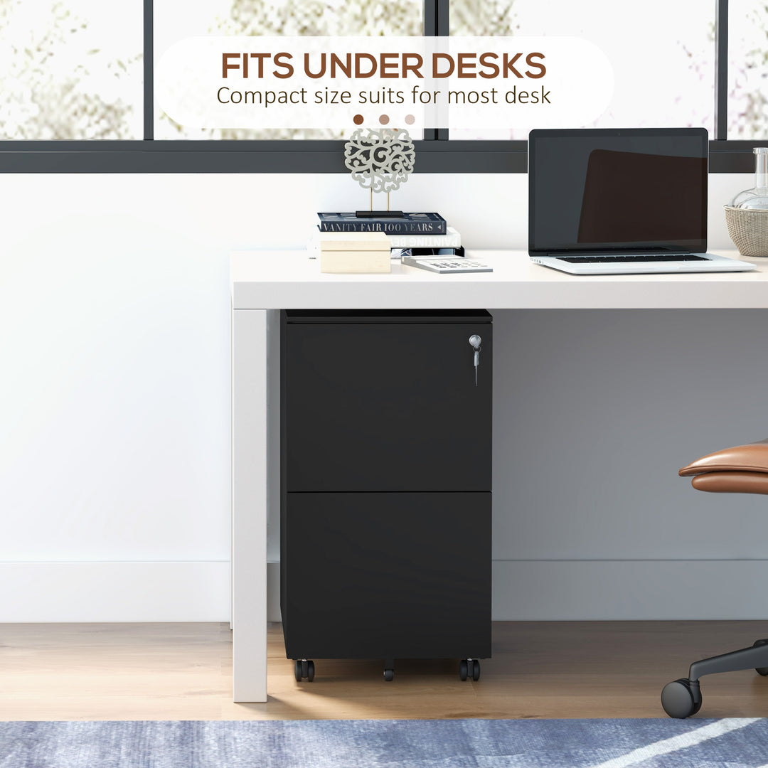 2-Drawer Vertical Filing Cabinet with Lock and 5 Wheels, Steel Mobile File Cabinet, for A4, Legal and Letter Size, Pre-Assembled Body, Black