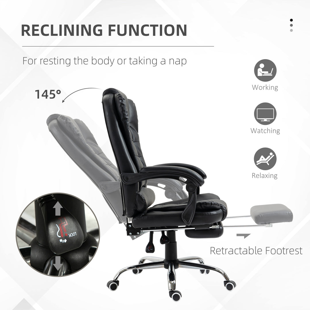Executive Office Chair, PU Leather Home Office Chair with Swivel Wheels, Reclining Backrest, Retractable Footrest, Black