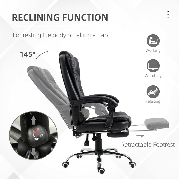 Executive Office Chair, PU Leather Home Office Chair with Swivel Wheels, Reclining Backrest, Retractable Footrest, Black