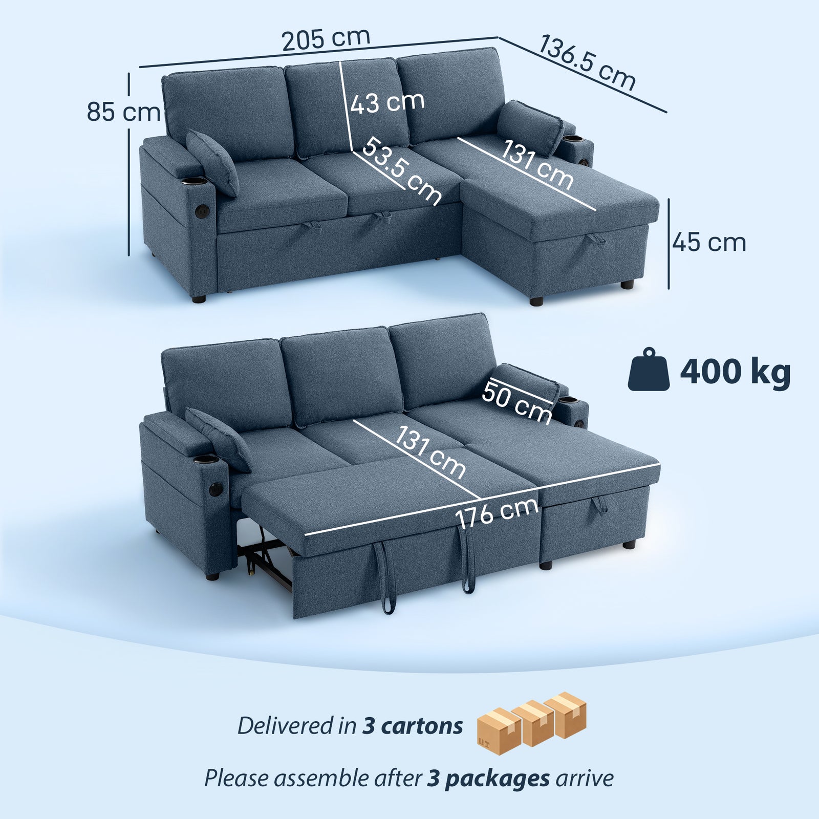 Corner Sofa Bed, L Shaped Sleeper Sectional Sofa with Reversible Stora