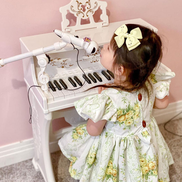37 Keys Kids Piano Mini Electronic Keyboard Light Kids Musical Instrument Educational Game Children Grand Piano Toy Set w/Stool & Microphone & Music Stand (White)