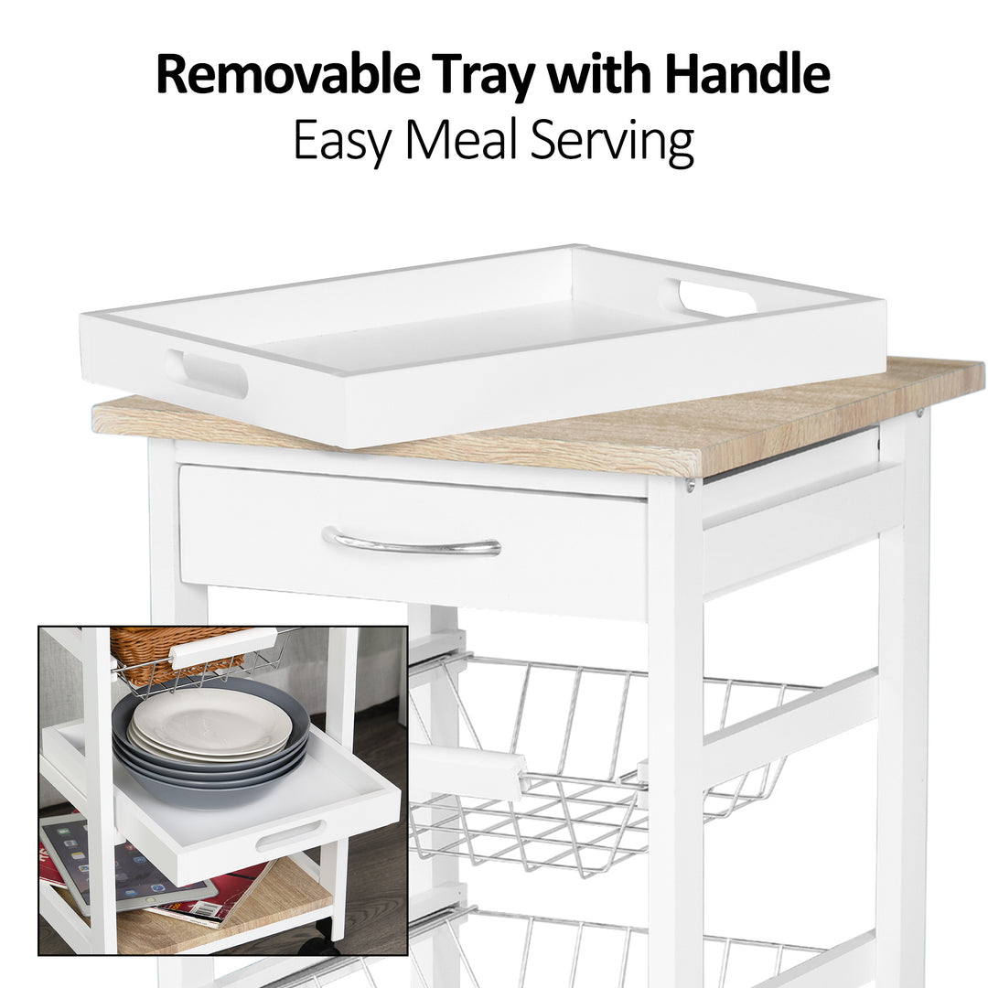 MCL Mobile Rolling Kitchen Island Trolley for Home w/ Metal Baskets Trays Shelves Wheels Compact Stylish Storage White