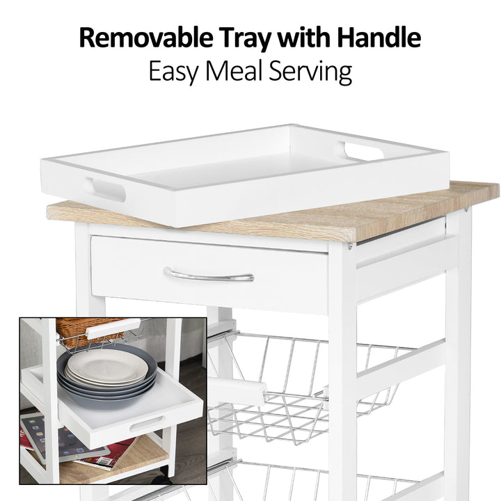 MCL Mobile Rolling Kitchen Island Trolley for Home w/ Metal Baskets Trays Shelves Wheels Compact Stylish Storage White