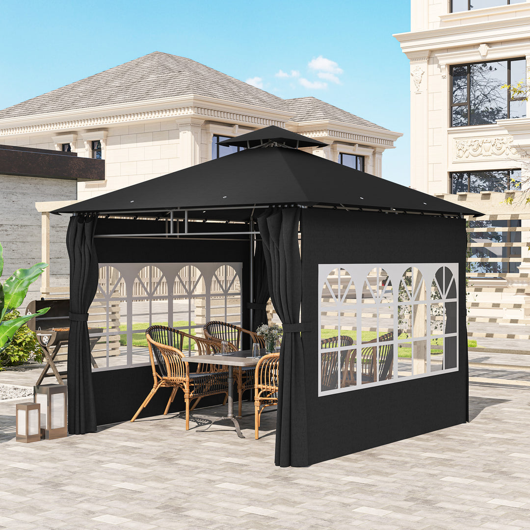 3 x 3 m Garden Gazebo, Double Roof Metal Gazebo with Removable Sidewalls and Church Windows, Outdoor Canopy Shelter, Black