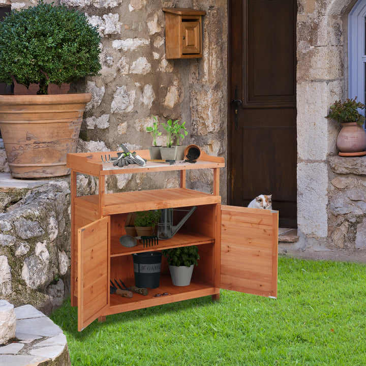 Outsunny Potting Bench Table, Multi-function, with Storage Cabinet, Galvanized Table Top, Wooden Planting Workstation, 98cm x 47cm x 105cm | Aosom UK