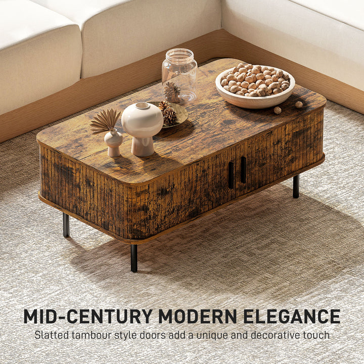 Coffee Table with Storage, Living Room Table with Slatted Tambour Sliding Doors and Foot Pads, Rectangular Coffee Table with Elevated Base for Living Room, Rustic Brown