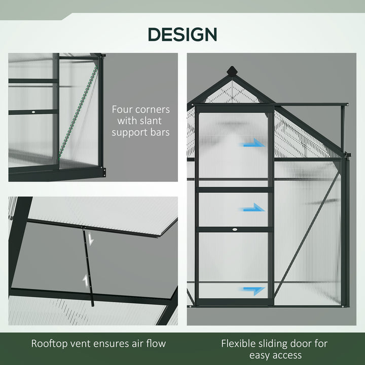 6 x 4ft Polycarbonate Greenhouse, Large Walk-In Green House with Slide Door and Window, Garden Plants Grow House with Aluminium Frame and Foundation, Grey