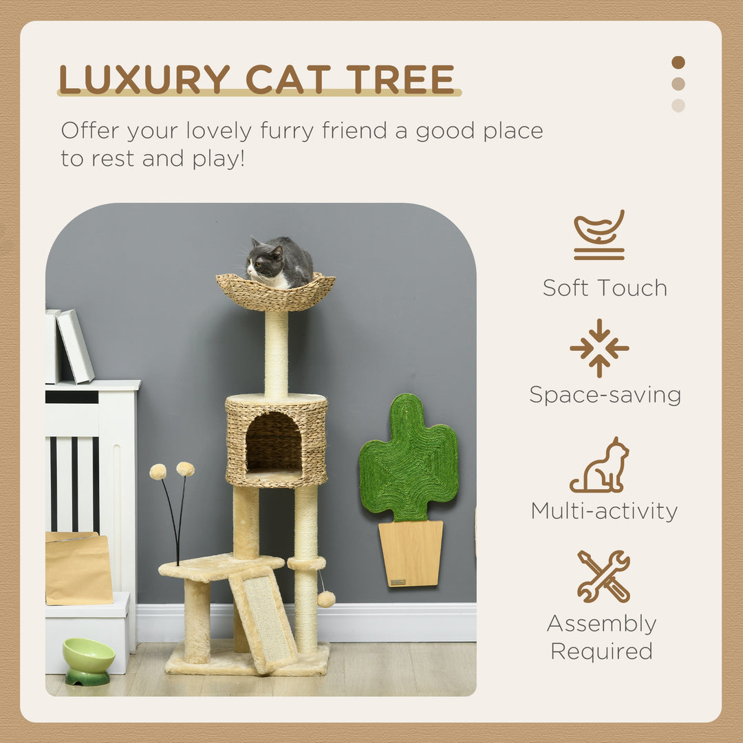 PawHut Cat Tree Tower with Scratching Posts, Cosy House, Bed, Interactive Toy Ball, Multi-Level, Beige | Aosom UK