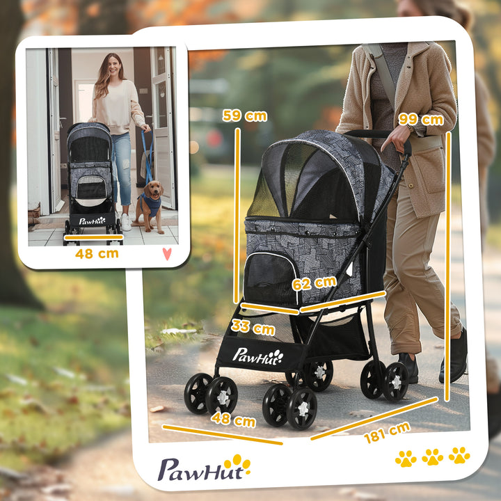 PawHut Pet Stroller, Dog Pushchair, Cat Travel Carriage, Foldable w/ Carrying Bag, Universal Wheels, Brake Canopy, for XS & S Pets, Grey | Aosom UK