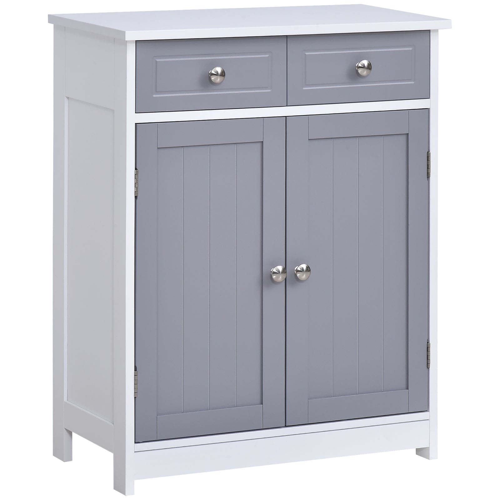 75x60cm Freestanding Bathroom Storage Cabinet Unit w/ 2 Drawers Cupboard Adjustable Shelf Metal Handles Traditional Style Grey White